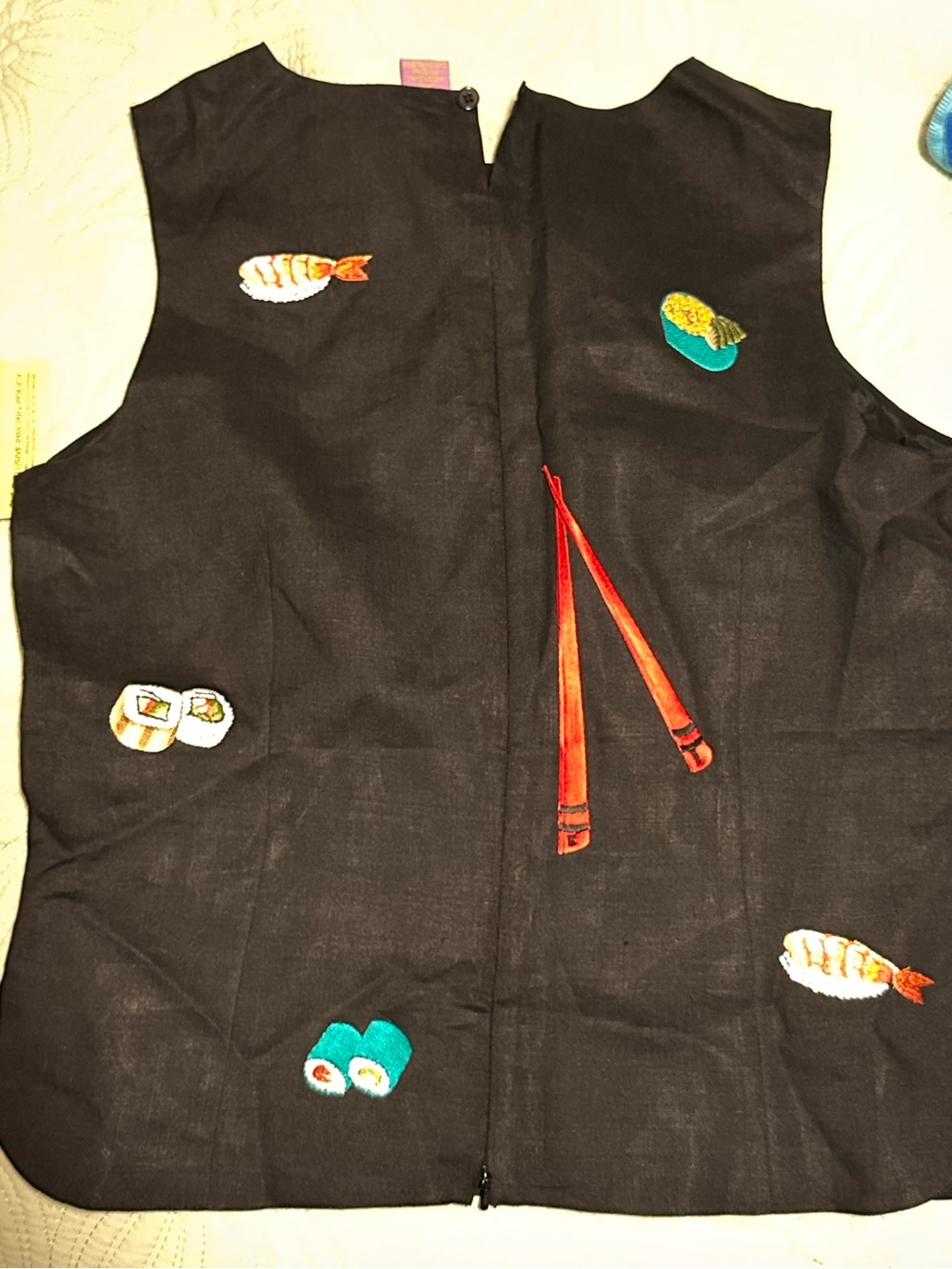 Novelty Sushi Embroidered Black Sleeveless Top — Linen - Picture 4 of 6
